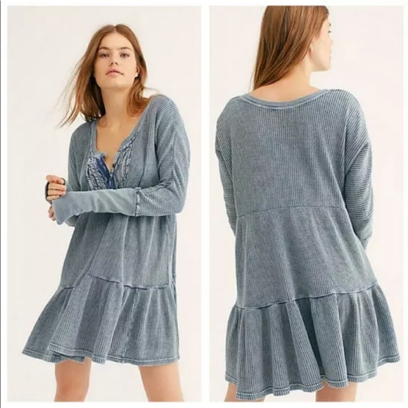 FREE PEOPLE L/S Thermal Knit Denim-Wash Drop Waist Mini S - Picture 2 of 5